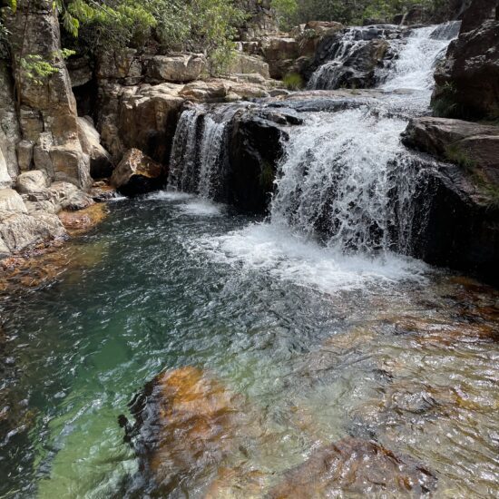 Waterfall in a lush, green jungle in Chapada dos Veadeiros